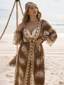 Swim Vcay 2026 波西米亚风印花薄纱V领性感睡袍，适合度假、派对、海滩，大码夏季款