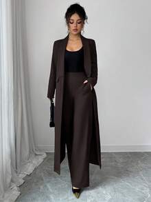 Elenzga Two Pieces Suit: Women's Elegant Lapel Long Sleeve Long Jacket And Straight Pants Two Pieces Suit, Exquisite And Elegant, Suitable For Office, Commuting, Street Style, French Romance, Casual, Middle Eastern Retro, Afternoon Tea, Party, Thanksgiving, Back To School, Autumn And Winter Wide Leg Pants Set Brown Two Pieces Set Women Women's Suit Set Longline Blazer Set Pant Suit Set - Coffee Brown - View 4