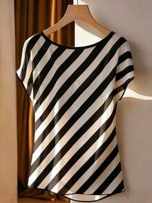 EMERY ROSE 大码女式撞色条纹短袖休闲上衣 - 黑與白 - 查看 2