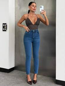 SHEIN Dam Casual Höga Tvättade Skinny Jeans - Mediumtvätt - Visa 7