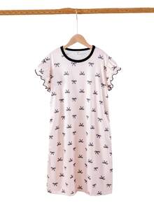 Girls Casual Butterfly Print Ruffle Trim Short Sleeve Nightgown - Pink - View 3