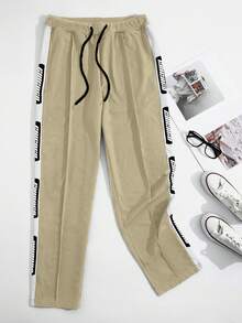 Claim Dot Loose Men's Patchwork Side Seam Drawstring Waist Pants Mens Sweatpants Mens Letter Print Pants - Khaki - View 5