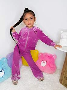 SHEIN X Care Bears Young Girl Cute Pink Heart Embroidered Velvet Hooded Jacket And Flare Pants Set - Pink - View 4