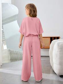 SHEIN Tween Girls Casual Vacation Solid Color Round Neck Short Sleeve Two-Piece Set - Pink - View 2
