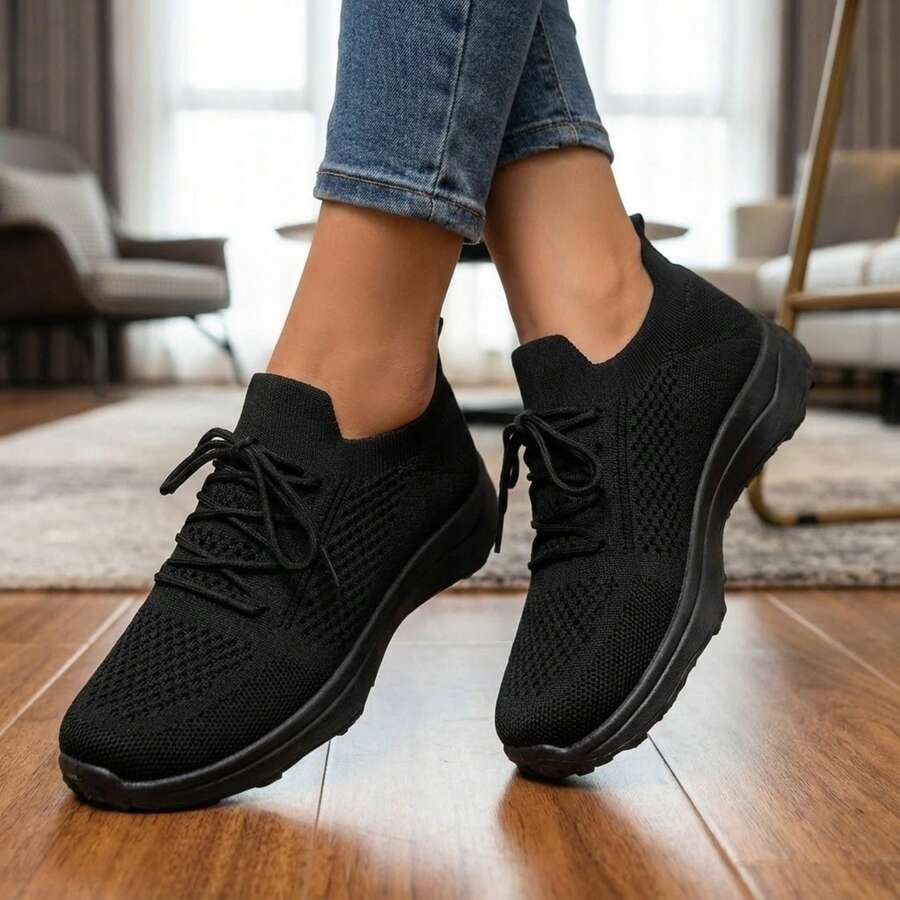 Mujer Zapatillas Deportivas De Tejido De Punto Transpirable Con Cordones Suela Gruesa Negros - Negro - Ver 1