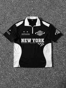 PAVTROS 男士休闲通勤 Polo 衫，带图案标语，短袖橄榄球衫，男士时尚纽约衬衫 - 黑與白 - 查看 6