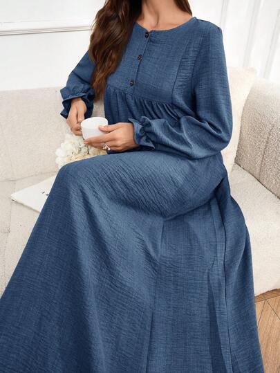 Al Najma Women's Solid Color Button Half-Placket Round Neck Long Sleeve Loose Arabic Style Dress