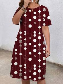 Mellowie Đầm dáng rộng cổ tròn in họa tiết dành cho nữ cỡ lớn, thích hợp cho kỳ nghỉ và tiệc tùng. - Màu Đỏ Sâu - Xem 3