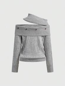 ROMWE Goth Y2K Sexy Ribbed Knit Turtleneck Grey Off-Shoulder Multi-Button Knit Sweater - Grey - View 2