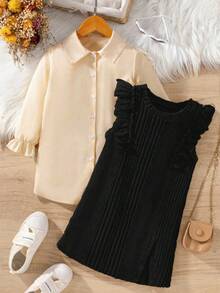 Elladie kids 2 Stücke/Set Mädchen Aprikose Hemdkleid und schwarzes geripptes Trägerkleid, mit liebevollem Rüschensaum Design, Schlitzausschnitt für einfaches Anziehen