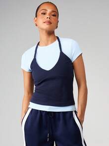 MISSGUIDED Áo thun ngắn tay cổ yếm xếp lớp, chất liệu gân, ôm sát, phối màu tương phản, thích hợp mặc mùa hè. - Nhiều màu - Xem 6