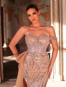 Glamrae Đầm dạ hội sang trọng, quyến rũ, hở vai, tay dài, đính cườm, sequin, họa tiết hoa, xẻ tà, dáng đuôi cá, có xếp ly bên hông, thích hợp cho đám cưới, sự kiện, tiệc độc thân, kỳ nghỉ, dạ hội, các dịp trang trọng (đính kết rất cầu kỳ). - Rượu sâm banh - Xem 2