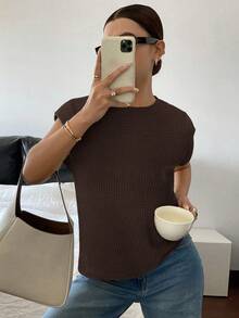 Siren Gaze Áo thun rộng vai, màu trơn, chất liệu vải dệt họa tiết, phong cách thường ngày mùa hè. - màu nâu - Xem 7