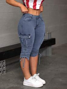 Jeanoix Plus Size Women's Cargo Pocket Drawstring Design Cropped Casual Jeans - Blue - View 4