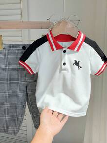 Set de 2 piezas de camisa polo de manga corta casual y pantalones a cuadros de cintura elástica para niño pequeño, adecuado para fiesta de cumpleaños, fiesta de noche, actuación, boda, baby shower, celebración del 1er cumpleaños - Multicolor - Ver 9