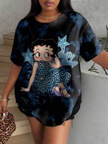Betty Boop x SHEIN 大码女式夏季休闲日常通勤时尚街头豹纹卡通人物星星字母扎染印花短袖T恤 - 白色 - 查看 5