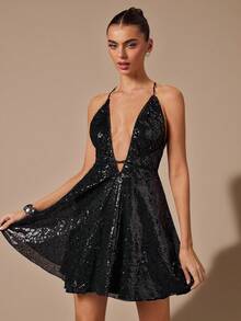 SHEIN BAE Women's Fashionable Party Sequin Backless Halter Mini Dress - Black - View 4