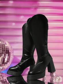 CUCCOO LuxiPop Women's Thick Sole Zipper Design Fashion Daily Wear High Heel Mid-Calf Boots - Black - View 2