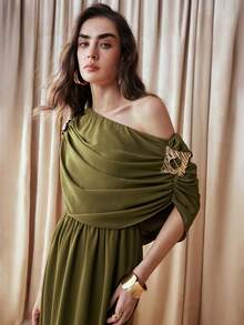 Arave Asymmetric Ruched Flowy Maxi Dress New Year - Olive Green - View 2
