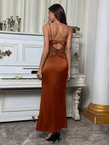 Aloruh Đầm dự tiệc thanh lịch, gợi cảm dành cho nữ, cổ chữ V sâu, hở lưng, khoét eo, phối ren. - màu nâu - Xem 2