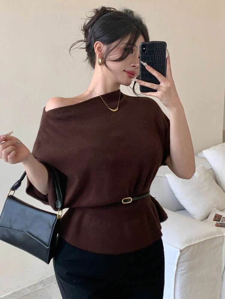 Waist Cinched Short Sleeve Unique & Beautiful Sweater With Belt, Women Knit Top Off The Shoulder