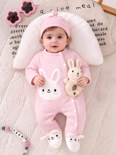 SHEIN Newborn Baby Girl Pink Bow Cartoon Cute Little White Rabbit Embroidered Long Sleeved Ankle Hugging Jumpsuit Autumn And Winter New Style Fabric Comfortable