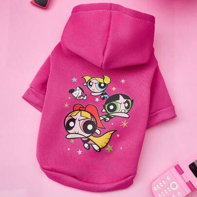 THE POWERPUFF GIRLS X PETSIN 1pc Cute Cartoon Big Eyes Girl Three Person Printed Pet Hat Hoodie Rose Red Casual Style Autumn/Winter Thick Warm Pet Clothes
