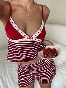 CovetEZ Women Striped Camisole And Shorts 2 Pieces Casual Set Cute Two Piece Set Cute Matching Sets Cute Sets For Vacation Matching Summer Sets Striped Bikini Set - Red and White - View 8