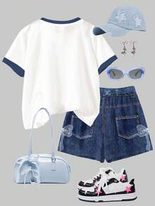 牛仔蓝，复古拼接蝴蝶结设计，少女休闲宽松圆领短袖T恤短裤两件套，适合春夏日常、居家、度假、校园、假日穿着，少女套装，青少年春夏服装，时尚新潮，春夏潮流，度假风，休闲舒适。