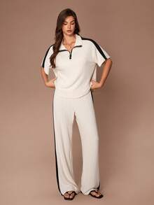 Lazeform 女士休闲撞色拼接半拉链领短袖上衣和阔腿裤家居服套装 - 杏色 - 查看 1