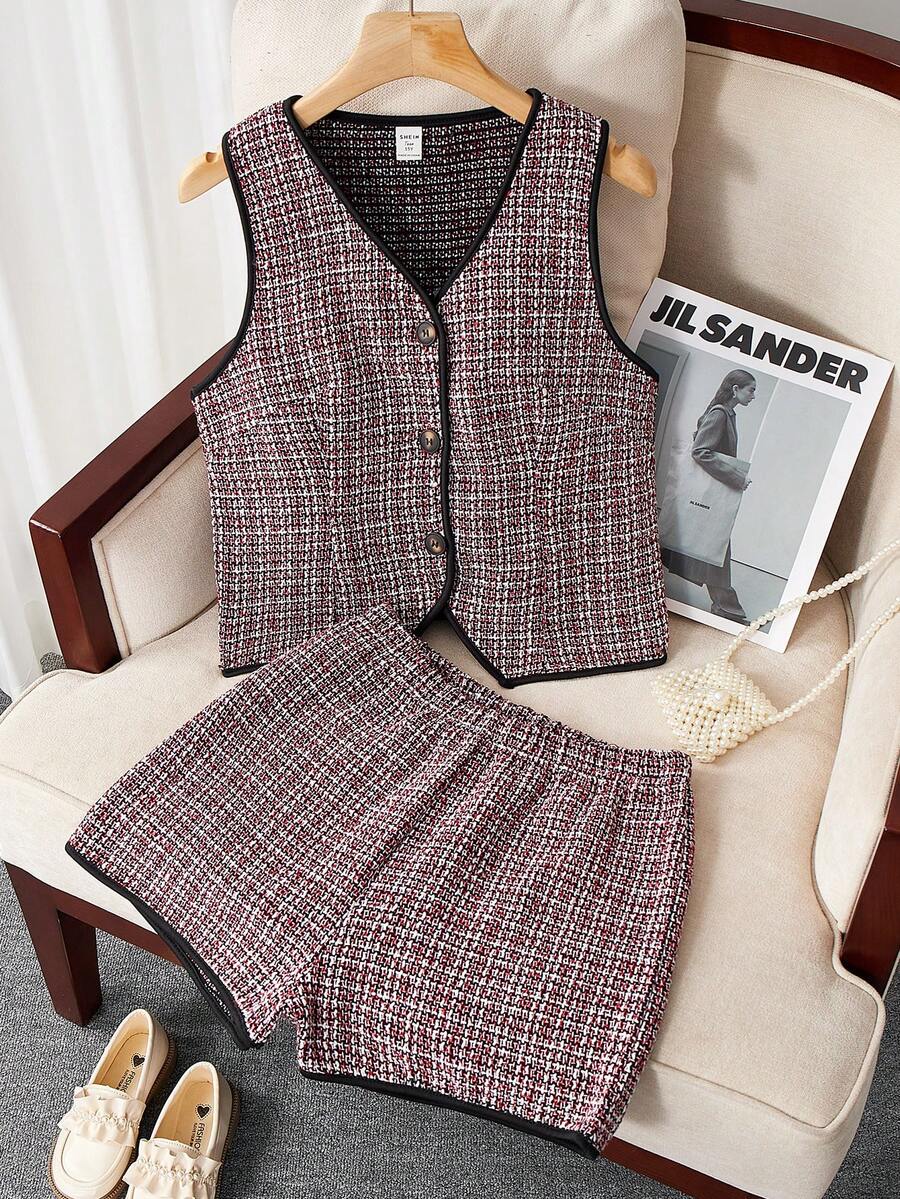 SHEIN 少女千鸟格V领单排扣上衣和短裤时尚假日旅行套装 - 紅色 - 查看 1