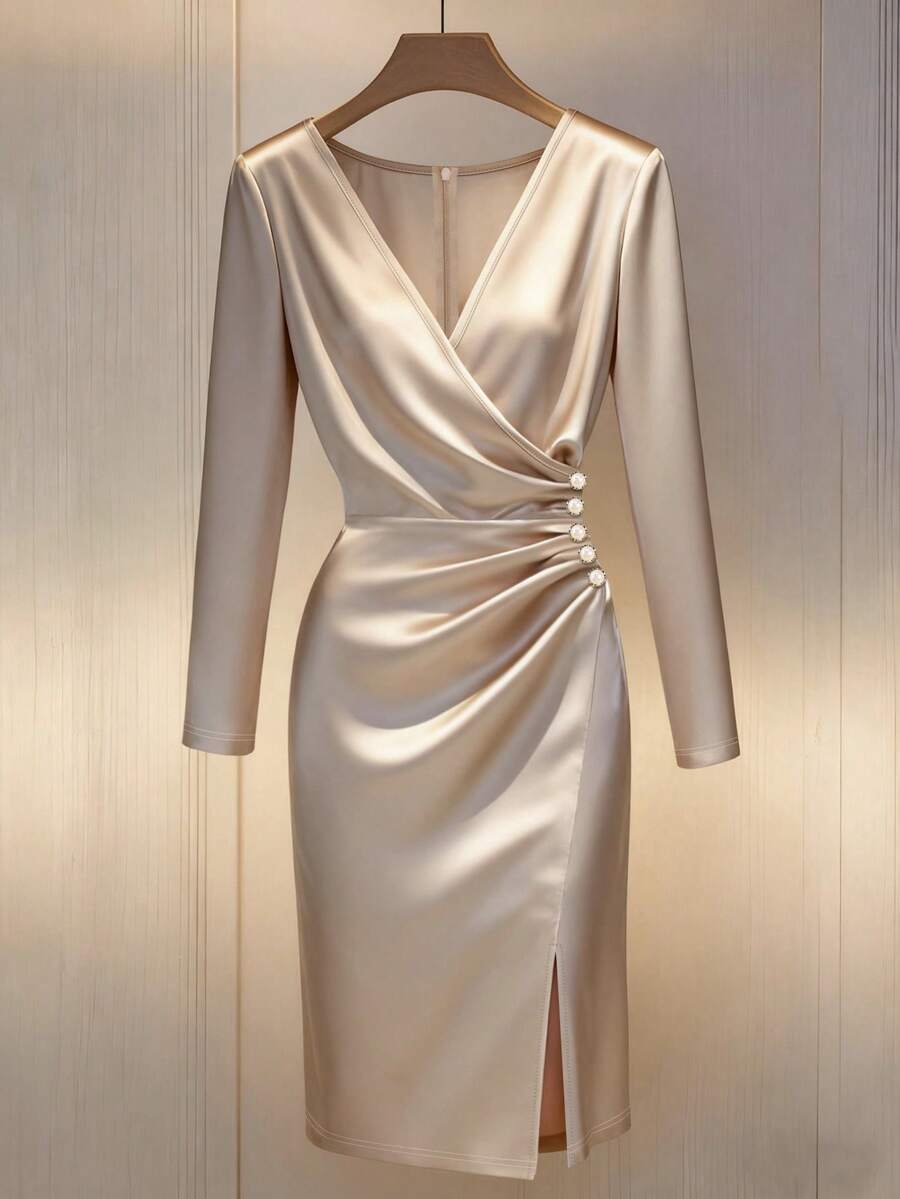 SHEIN Franclia Women's Solid Color Crossed V-Neck Elegant Slit Hem Cinched Waist Midi Dress Satin Elegant Dress Champagne Dress Women Long Sleeve Dress Silk Dress Cocktail Dress Cruise Dinner Dress Long Sleeve Elegant Dress Women Dresses Champagne Satin Dress Elegant - Champagne - View 1