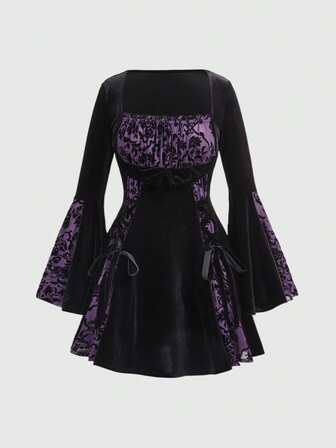 Goth Abito mini in velluto con maniche a campana, decorazione floreale e patchwork in stile gotico per donna