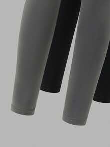 2pcs/Set Girls' Leggings, Minimalist Black & Dark Grey Combo With Bow & Heart Print, Comfortable Long Pants, Suitable For Tween Girls - Black - View 5