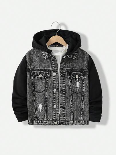 SHEIN Explorewe Denimly Boys' Casual Daily Urban Street Hoodie Fabric Patchwork Design Detachable Hood, Simple & Comfortable Washed Denim Jacket
