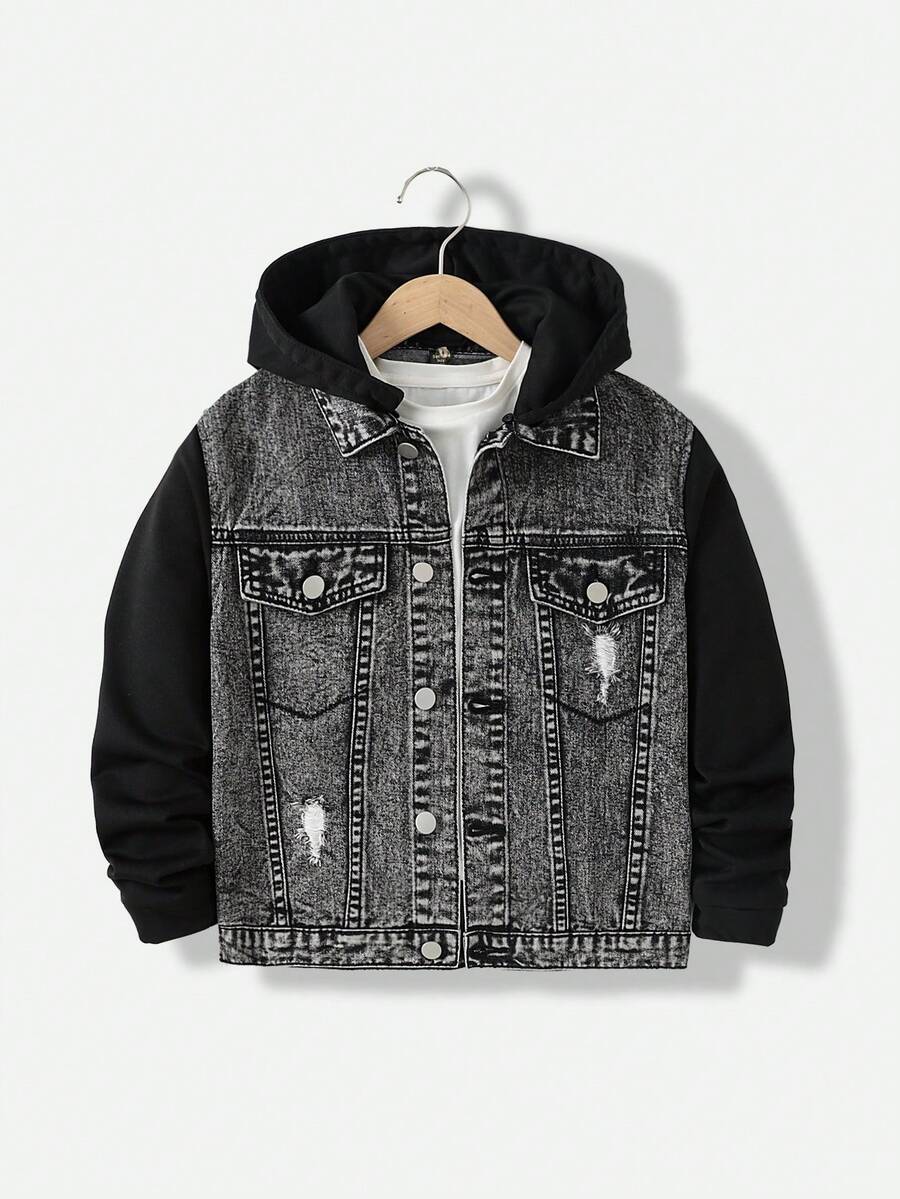 SHEIN Explorewe Áo khoác denim denim đơn giản, thoải mái, giặt xong, thiết kế chắp vá, áo hoodie đường phố thường ngày dành cho bé trai của Denimly - màu đen - Xem 1