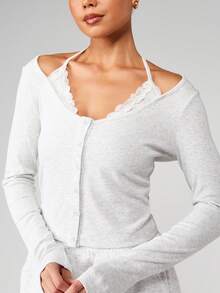 MISSGUIDED 罗纹针织纽扣开衫，蕾丝饰边，后背系带，露肩长袖短款毛衣 - 淺灰色 - 查看 3