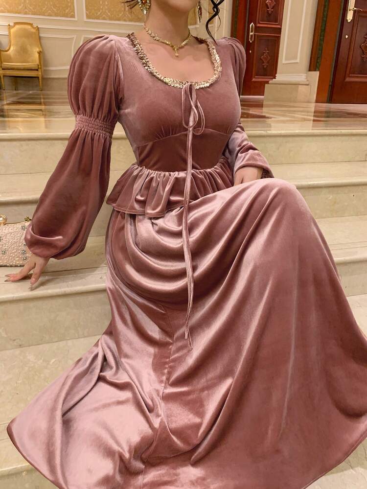 Women's Elegant Sequin Patchwork Tie-Up Puff Sleeve Thermal Lined Mid-Length Dress, Autumn/Winter
