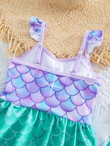 SHEIN Traje de baño de tirantes con bloques de color y lazo de punto con estampado de sirena casual de verano para niña bebé - Morado - Ver 5