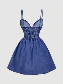 SHEIN MOD Women's Ruffle Waist Pleated Denim Cami Dress, Fashionable For Vacation And Party - Dark Wash - View 3