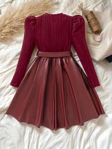 SHEIN 1pc Girls Crew Neck Long Sleeve Ribbed Knit Patchwork Floral Hem Dress, Sweet & Ladylike, Autumn - Burgundy - View 2