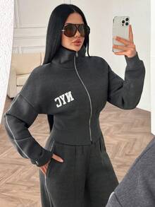 EURMUSE Women's Grey Two Pieces Set – NYC Print Sweatshirt And High Waist Wide Leg Pants, Casual Cotton Lounge Wear, Relaxed Fit Co-Ord, Streetwear, Comfortable Tracksuit, Athleisure Outfit - Grey - View 7