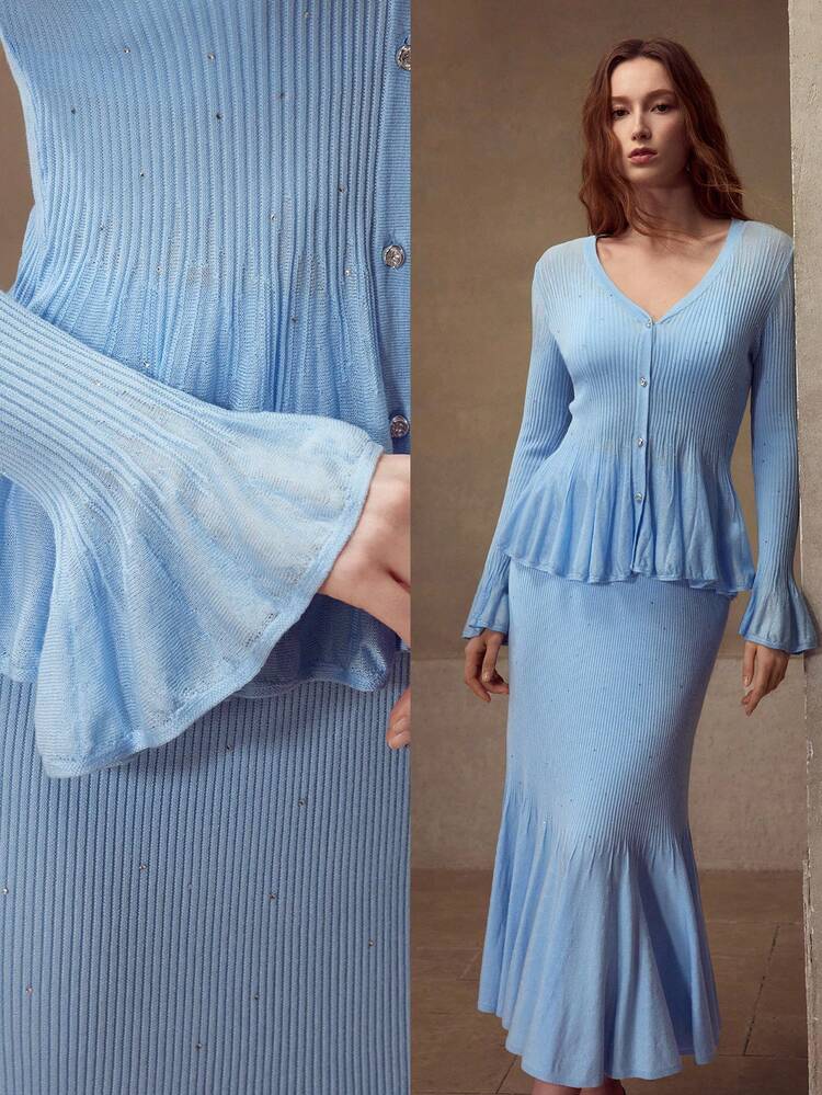 BLUE KNIT CARDIGAN WITH RHINESTONE EMBELLISHMENT