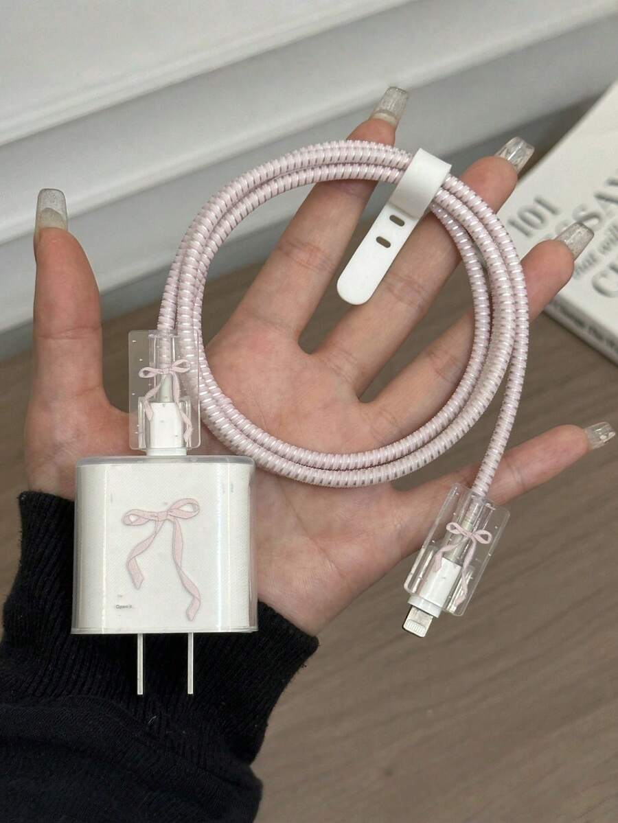 粉色蝴蝶结 20W 快充线保护套 防震防摔充电头保护套 适用于 16/15 耐用旅行礼品 家用车载办公 - 粉紅色蝴蝶結 - 查看 1