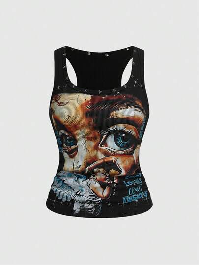 ROMWE Avant Women's Retro Baddie Unisex Streetwear Angel Eyes & Star Rivet Print Tank Top