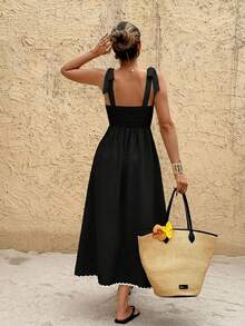 SHEIN Frenchy 女士波浪针织系带V领无袖中长连衣裙，适合度假 - 黑色 - 查看 2