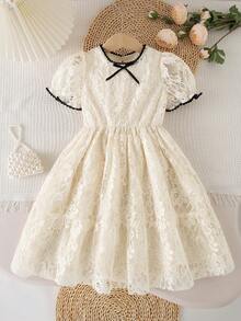 1pc Girls Summer New Collared Lace Trim Front Bow Tie Waist Elastic Lace Fabric Elegant Versatile Casual Dress, Suitable For Daily, Commute, Vacation, Birthday Floral Pattern Lace Dress Toddler Girl Cream Dress Ivory Kids Dress Young Girl Lace Dress Cream Dresses For Girls - Apricot - View 5