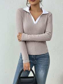 Blusa mujer manga larga acanalada cuello tipo camisa escote en V diseño elegante ajustado textura suave ideal oficina casual outfits modernos - Avena - Ver 3