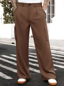 Manfinity CasualCool 男士西装裤，高端新款设计，垂褶西装裤，设计师时尚休闲黑色简约商务裤，棕色褶裥西装裤 - 棕色 - 查看 7