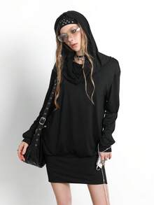 Bloopia Loose Fit Turtleneck Long Sleeve Women's Casual Dark Style Dress - Black - View 1